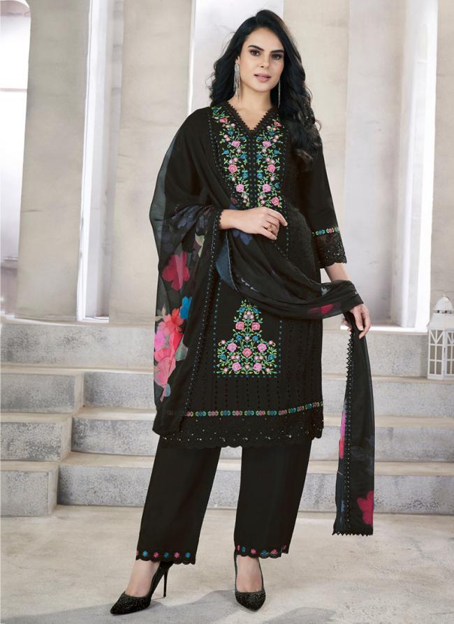 Roman Silk Black Festival Wear Hand Work Readymade Straight Suit